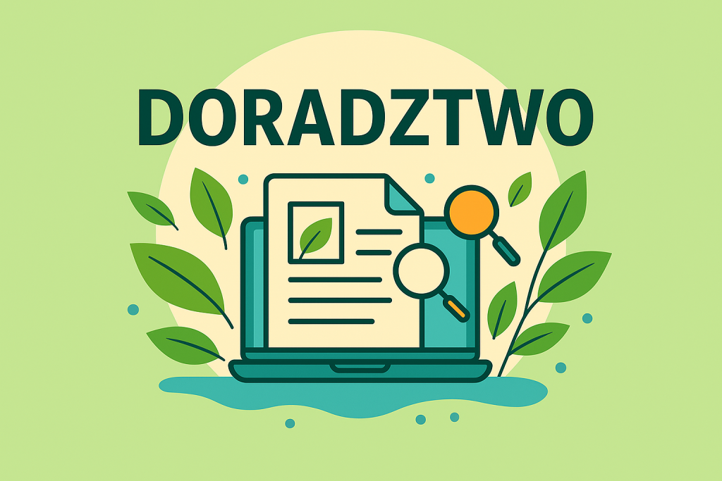 Grafika informacyjna w pastelowej kolorystyce zieleni i błękitu. Na środku widoczny jest duży napis ‘DORADZTWO’. Obok znajduje się symboliczny laptop z dokumentem oraz elementy dekoracyjne w postaci liści i delikatnych błękitnych akcentów, nawiązujące do natury i działalności LGD