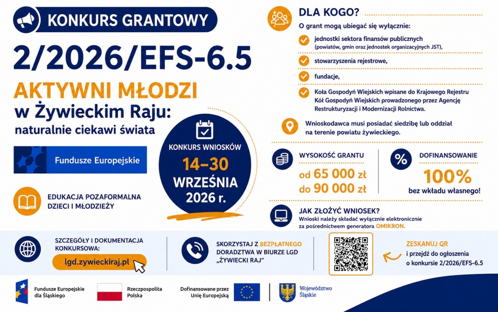 Infografika przedstawiająca najważniejsze informacje o&nbsp;konkursie grantowym nr 2/2026/EFS-6.5 w&nbsp;ramach projektu &bdquo;AKTYWNI MŁODZI w&nbsp;Żywieckim Raju&rdquo;. Zawiera informacje o&nbsp;terminie konkursu, wysokości grantu, grupie uprawnionych wnioskodawc&oacute;w oraz kod QR prowadzący do dokumentacji konkursowej