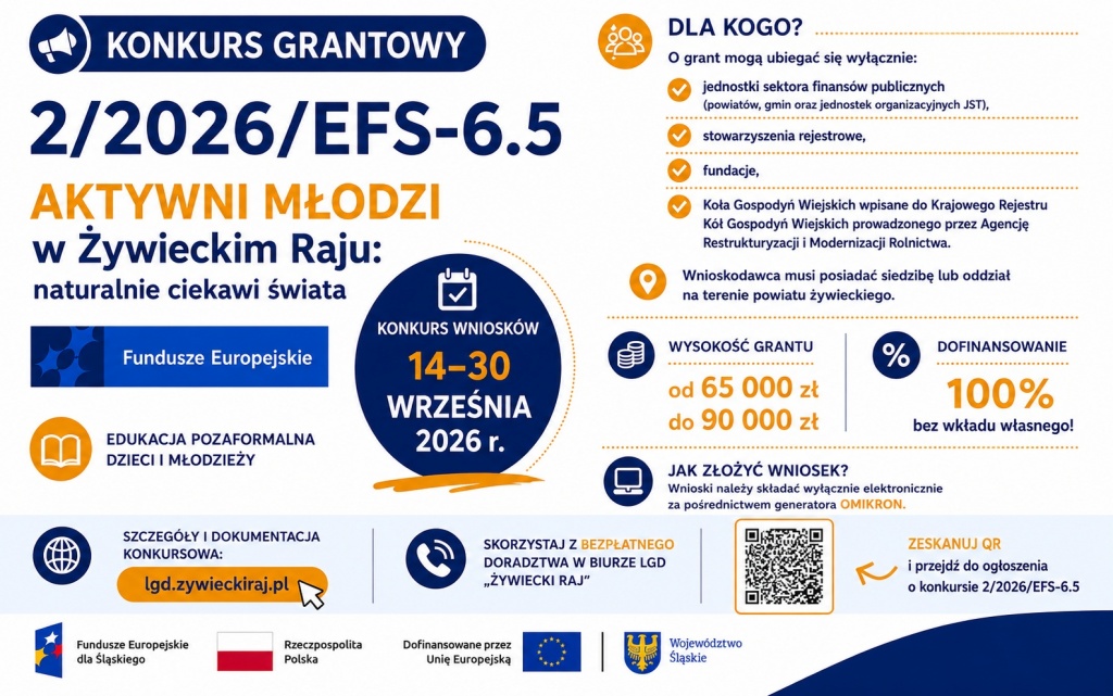 Infografika przedstawiająca najważniejsze informacje o konkursie grantowym nr 2/2026/EFS-6.5 w ramach projektu „AKTYWNI MŁODZI w Żywieckim Raju”. Zawiera informacje o terminie konkursu, wysokości grantu, grupie uprawnionych wnioskodawców oraz kod QR prowadzący do dokumentacji konkursowej.