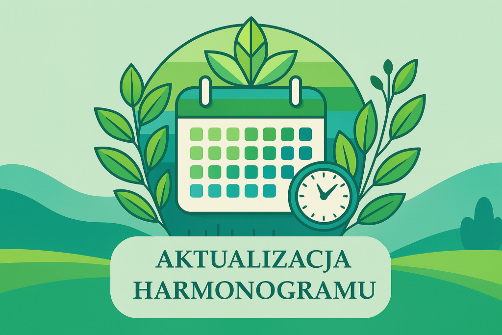 Rysunek kalendarza otoczonego zielonymi liśćmi i zegarem. Pod spodem napis: „Aktualizacja harmonogramu”.