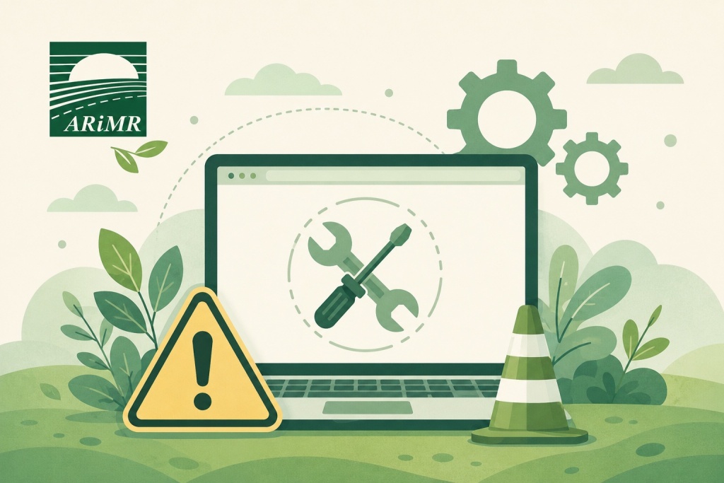 Ilustracja przedstawia laptop z&nbsp;symbolem prac serwisowych na ekranie, otoczony znakami ostrzegawczymi, pachołkiem drogowym i&nbsp;elementami roślinnymi. Grafika symbolizuje planowaną przerwę techniczną i&nbsp;czasową niedostępność system&oacute;w ARiMR.