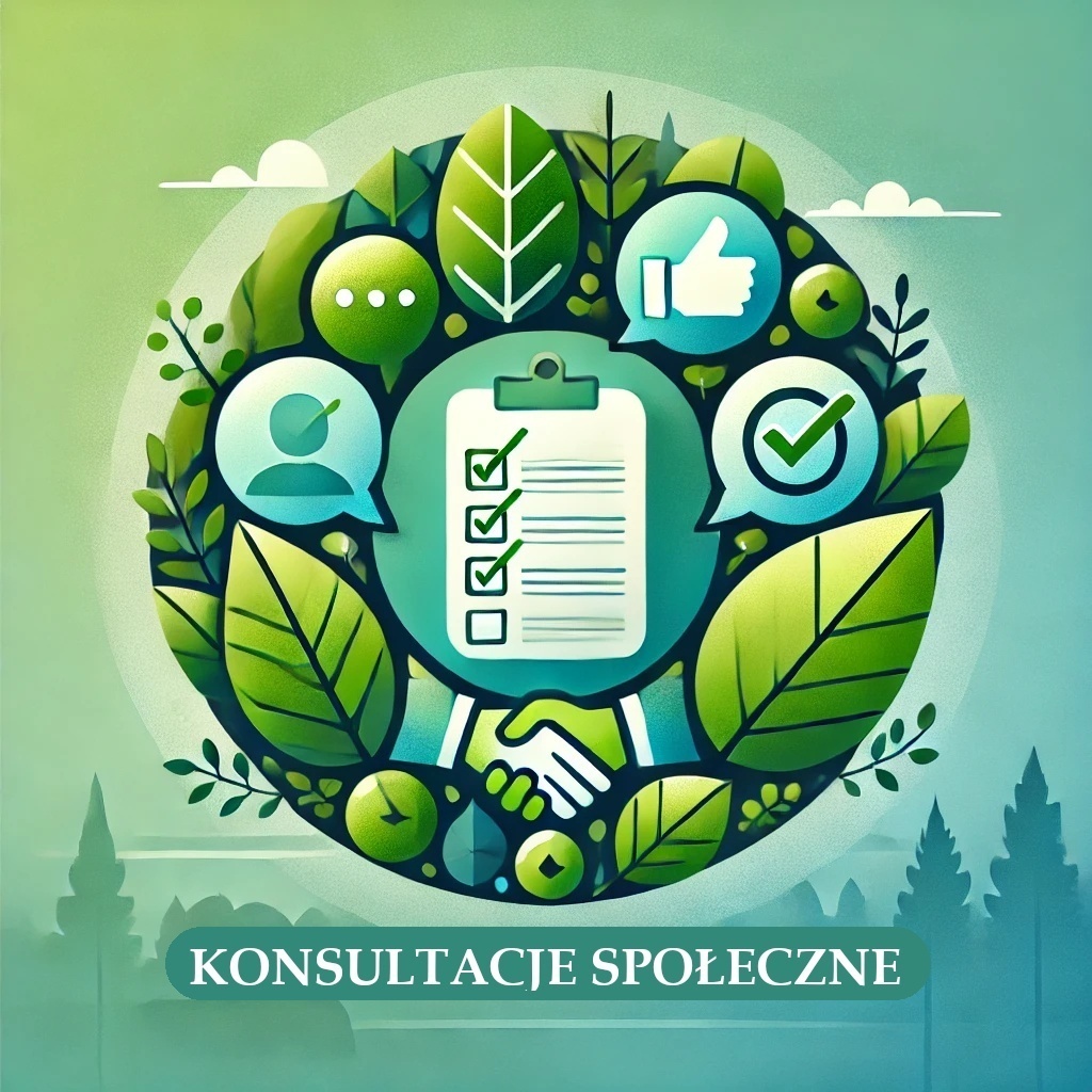 Grafika przedstawia okrąg wypełniony zielonymi liśćmi, wewnątrz kt&oacute;rego znajdują się ikony: dymek rozmowy, sylwetka osoby, znak zatwierdzenia, kciuk w&nbsp;g&oacute;rę, lista z&nbsp;haczykami oraz uścisk dłoni. Całość utrzymana jest w&nbsp;zielonej kolorystyce, na tle jasnego nieba i&nbsp;zarys&oacute;w drzew.