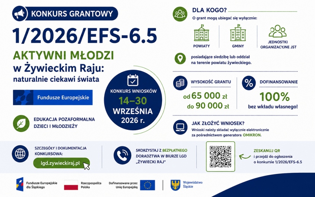 Infografika przedstawiająca najważniejsze informacje o&nbsp;konkursie grantowym nr 1/2026/EFS-6.5 w&nbsp;ramach projektu &bdquo;AKTYWNI MŁODZI w&nbsp;Żywieckim Raju&rdquo;. Zawiera informacje o&nbsp;terminie konkursu, wysokości grantu, grupie uprawnionych wnioskodawc&oacute;w oraz kod QR prowadzący do dokumentacji konkursowej.