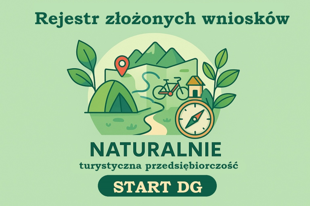„Grafika informacyjna z napisem: Rejestr złożonych wniosków – Naturalnie turystyczna przedsiębiorczość. W tle ilustracje symbolizujące turystykę: namiot, mapa z górami, rower, domek, kompas i rośliny. Na dole przycisk z napisem: START DG.”