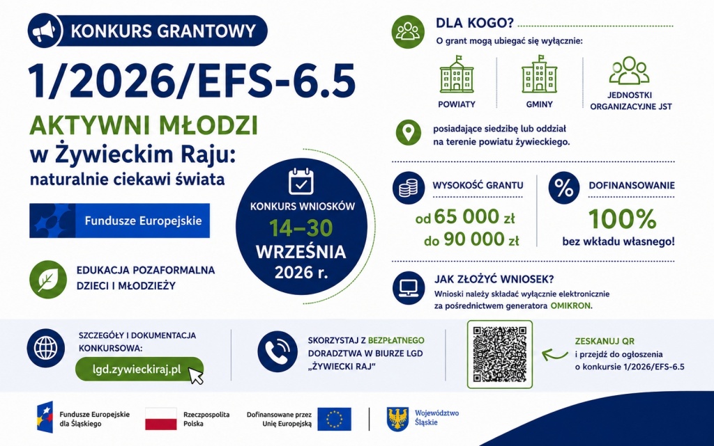 Infografika przedstawiająca najważniejsze informacje o&nbsp;konkursie grantowym nr 1/2026/EFS-6.5 w&nbsp;ramach projektu &bdquo;AKTYWNI MŁODZI w&nbsp;Żywieckim Raju&rdquo;. Zawiera informacje o&nbsp;terminie konkursu, wysokości grantu, grupie uprawnionych wnioskodawc&oacute;w oraz kod QR prowadzący do dokumentacji konkursowej.