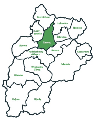 Mapa przedstawiająca obszar działania LGD Żywiecki Raj