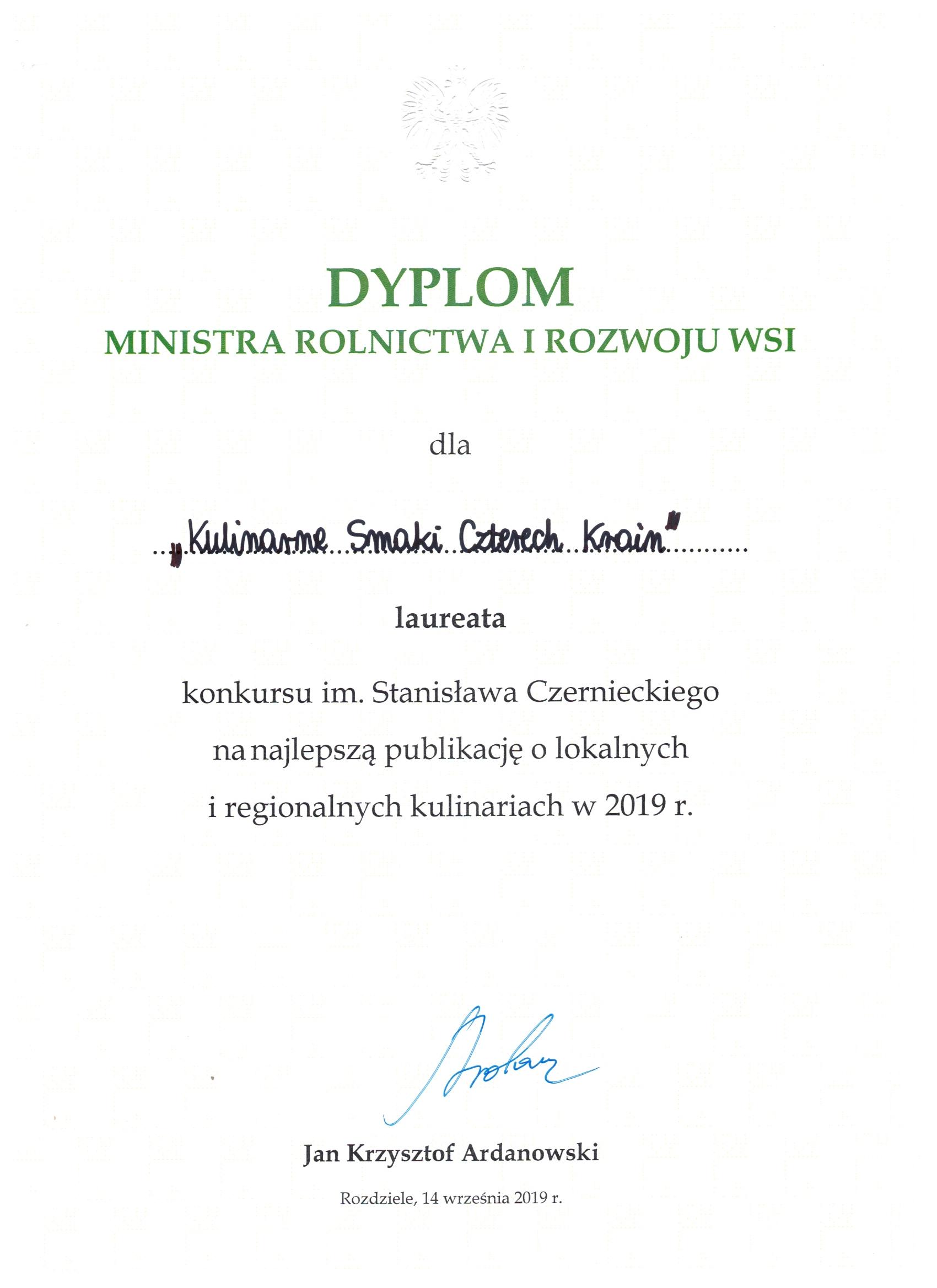 Dyplom Ministra Rolnictwa i Rozwoju Wsi