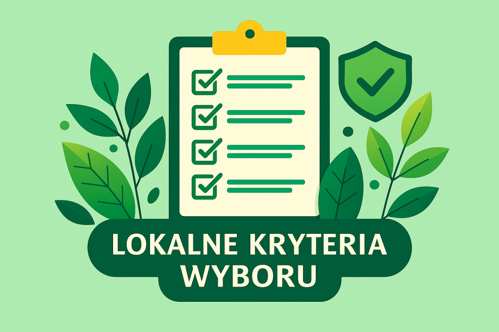 Grafika przedstawia zieloną planszę z napisem „Lokalne Kryteria Wyboru”. W centrum znajduje się clipboard z listą zaznaczonych punktów (checklista), otoczony zielonymi liśćmi. Obok widnieje zielona tarcza z symbolem ptaszka (✓), co symbolizuje spełnienie warunków lub zatwierdzenie. Grafika nawiązuje do natury, ekologii i wyboru projektów zgodnych z lokalnymi zasadami.