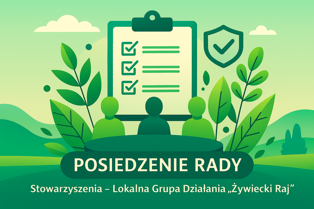 Ilustracja w stylu flat design przedstawia trzy postacie siedzące przy stole na tle zielono-niebieskiego pejzażu z liśćmi i chmurami. W dolnej części grafiki znajduje się napis: „Posiedzenie Rady Stowarzyszenia – Lokalna Grupa Działania Żywiecki Raj”.