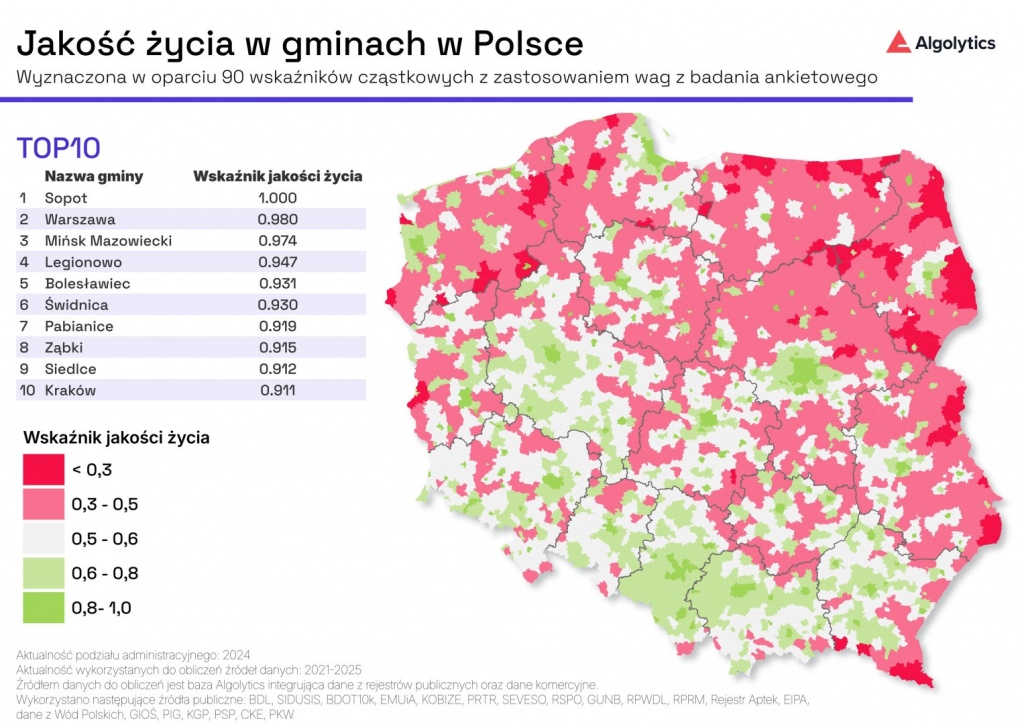Mapa jakości życia w gminach w Polsce.