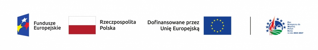 Grafika przedstawia zestaw logotypów: Fundusze Europejskie, Rzeczpospolita Polska, Unia Europejska oraz Plan Strategiczny dla Wspólnej Polityki Rolnej na lata 2023–2027.
