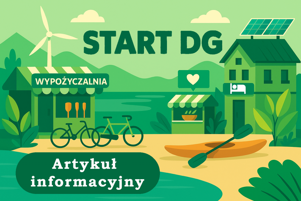 Grafika pokazuje zielony krajobraz z górami, jeziorem i plażą. Na pierwszym planie widać kajak, dwa rowery, wypożyczalnię sprzętu, budkę z jedzeniem i budynek hotelu z panelami słonecznymi na dachu. Nad całością widnieje duży napis „START DG”. Na dole umieszczono napis „Artykuł informacyjny”. Całość utrzymana jest w zielonej kolorystyce, nawiązującej do natury i ekologii.